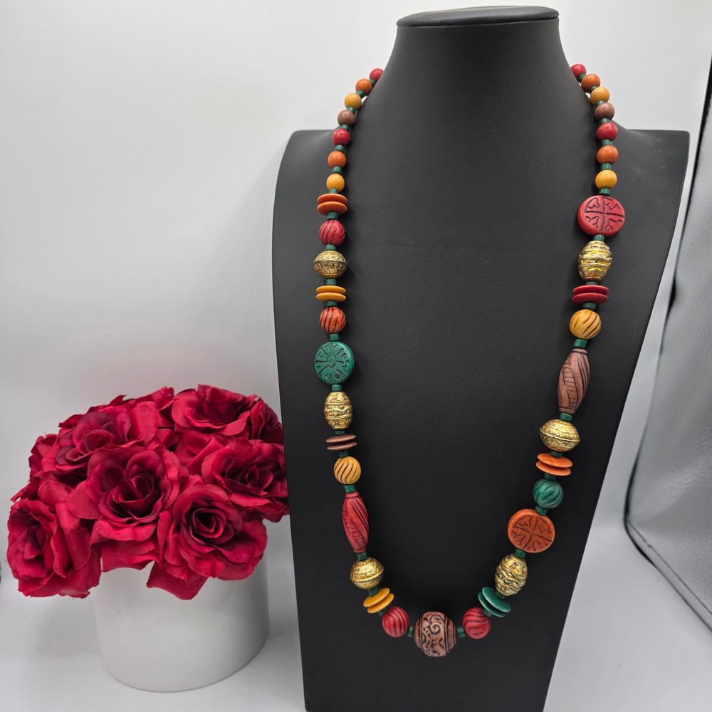 Boho Beaded Necklace Multicolor Carved Wood Gold Filigree‎ Tribal Statement 28in